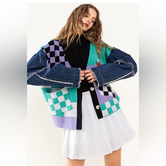 37 Fabulous reckerboard & Denim Patch Work Cardigan - Picture 3 of 8